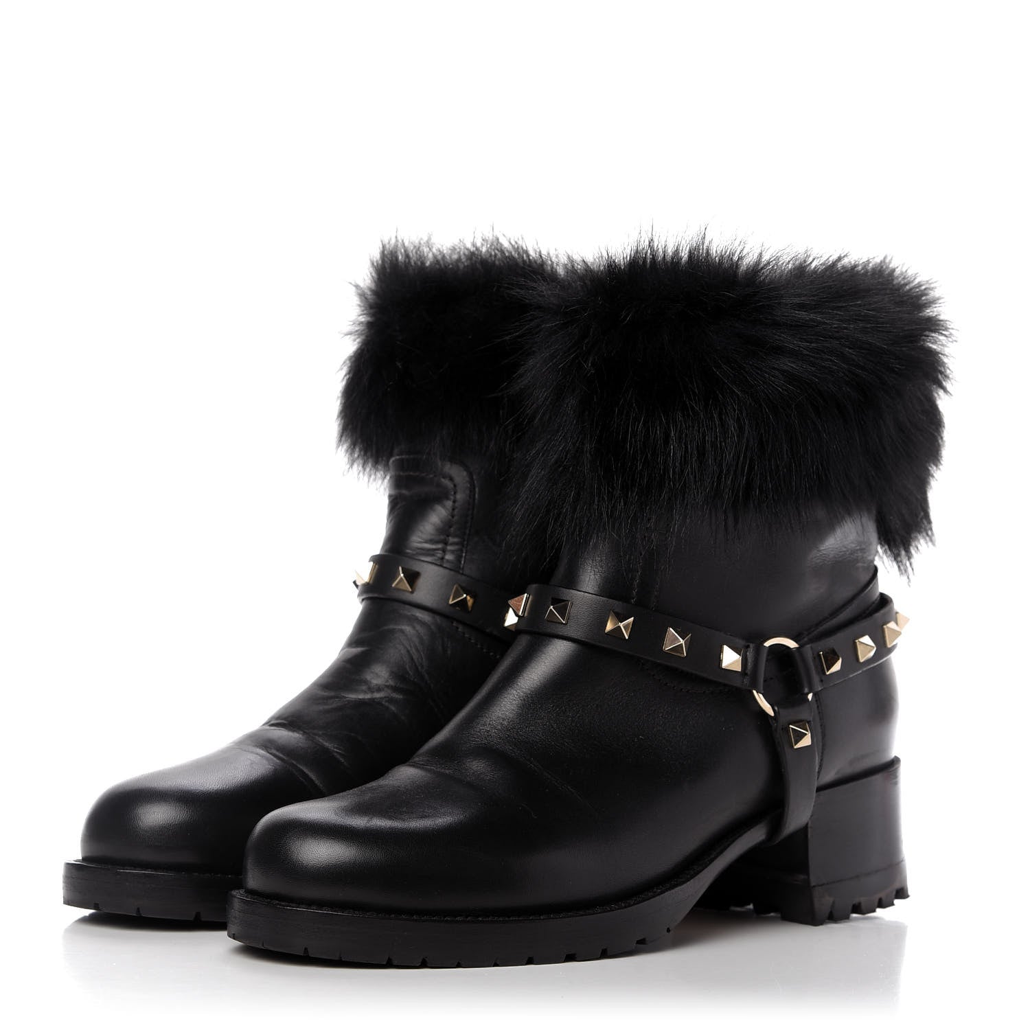 Valentino Garavani Calfskin Fox Fur Rockstud Boots 40 Black 3 of 8