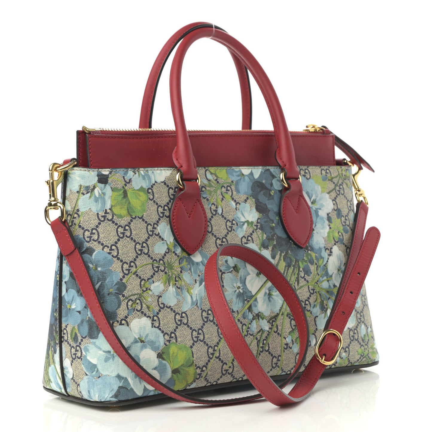 GG Supreme Monogram Blooms Medium Zip Top Tote Beige Blue Navy Hibiscus Red