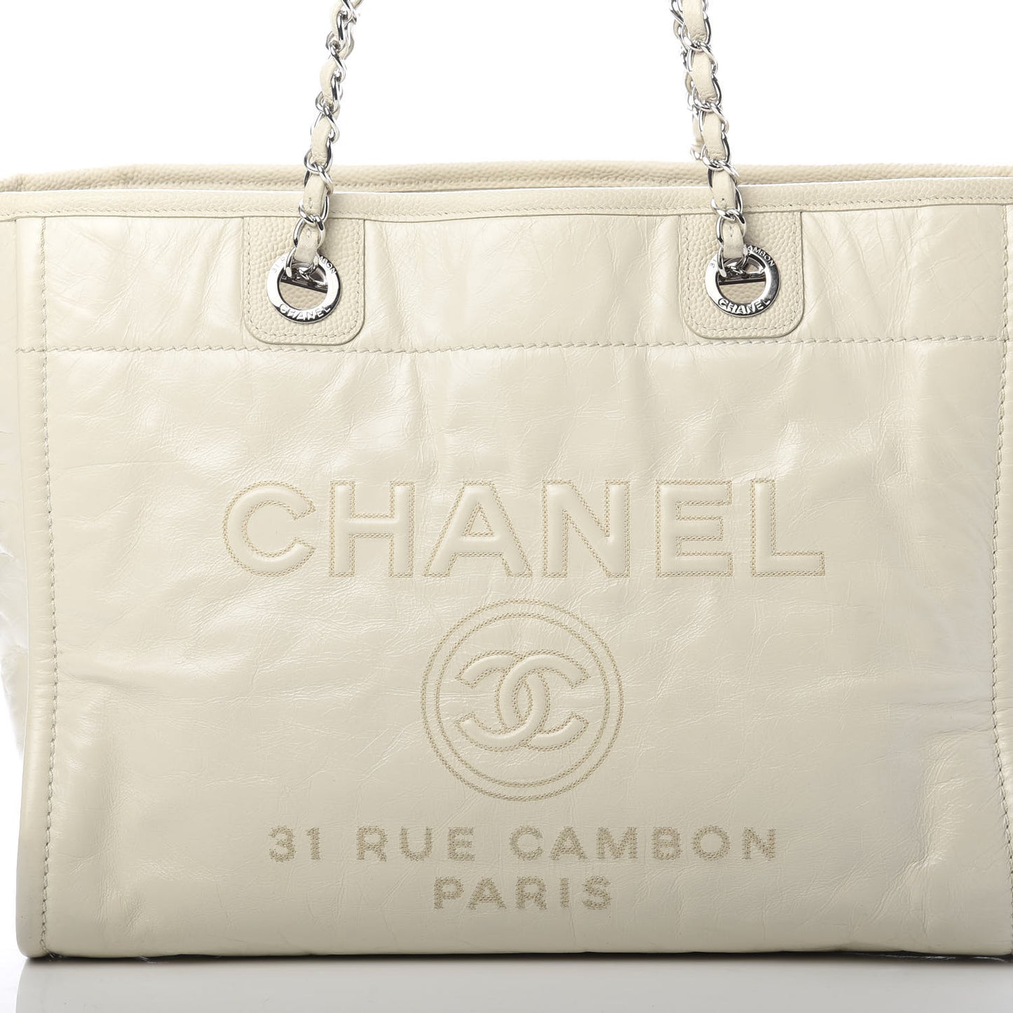 Glazed Calfskin Small Deauville Tote Ivory
