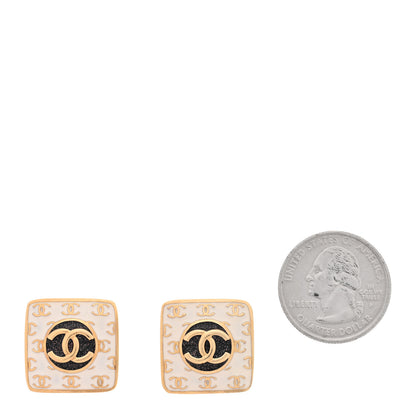 Chanel Metal Glitter Sparkle CC Square Earrings Gold White Black 2 of 5