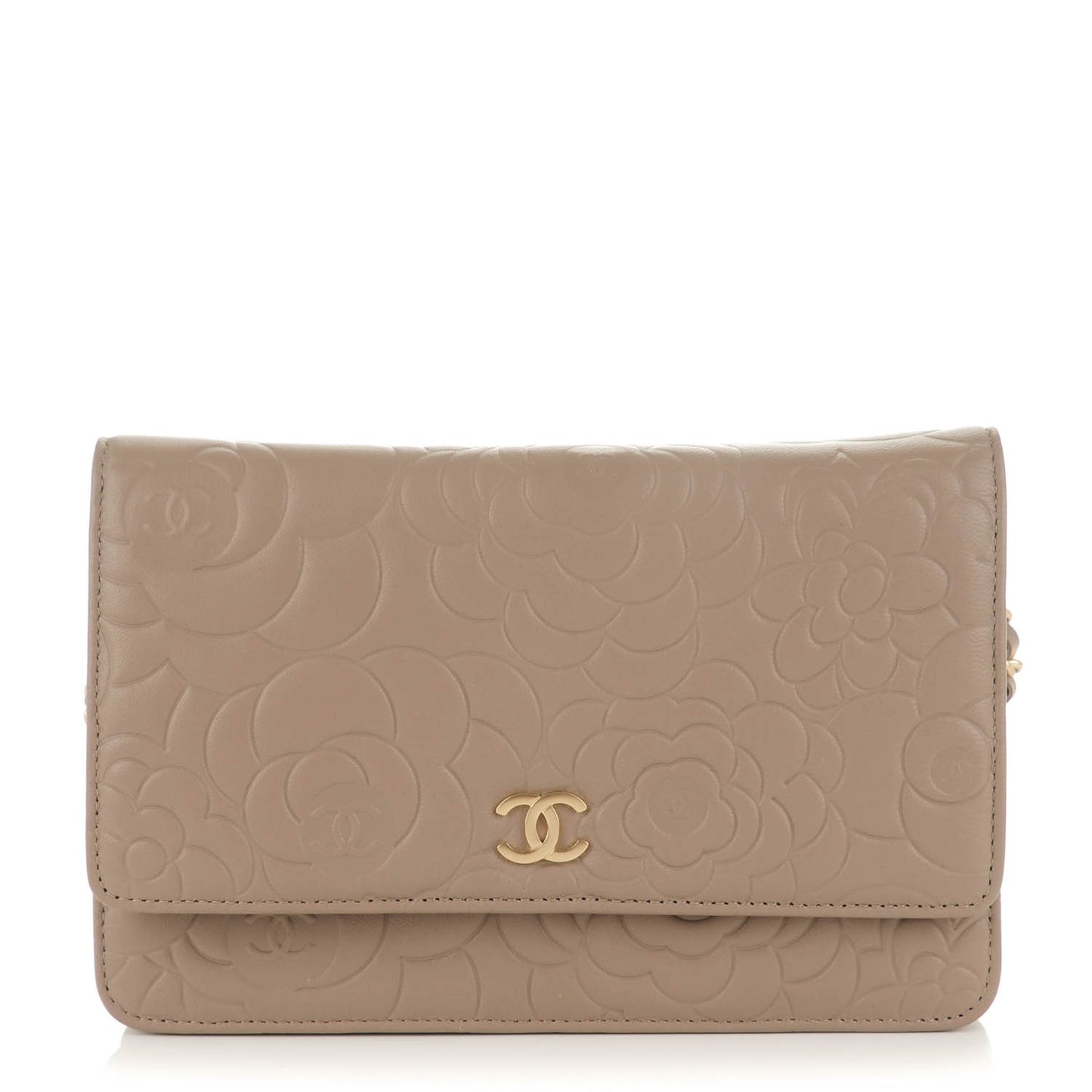 Lambskin Camellia Embossed Wallet on Chain WOC Beige