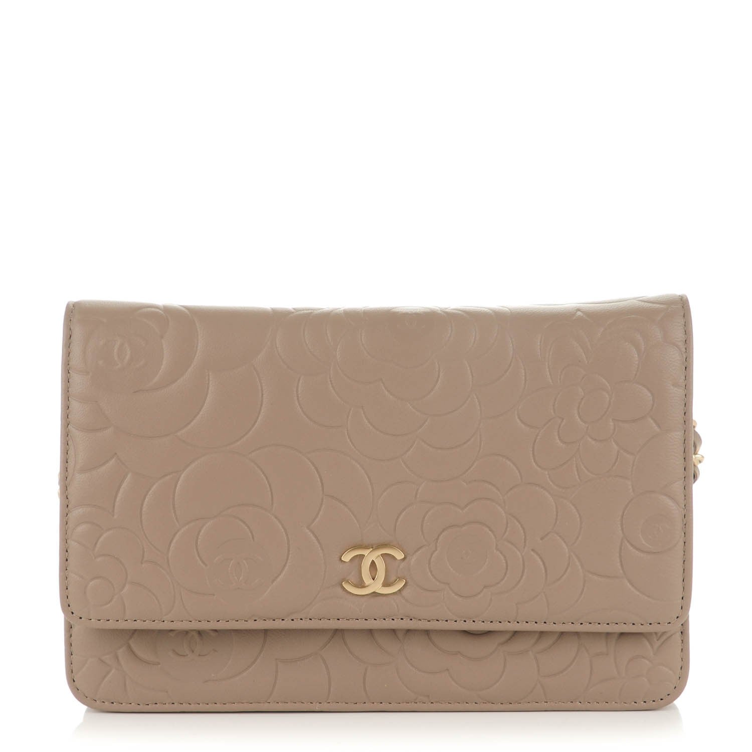 Chanel Lambskin Camellia Embossed Wallet on Chain WOC Beige 1 of 8