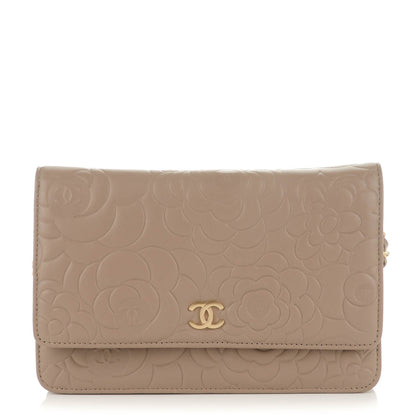 Chanel Lambskin Camellia Embossed Wallet on Chain WOC Beige 1 of 8