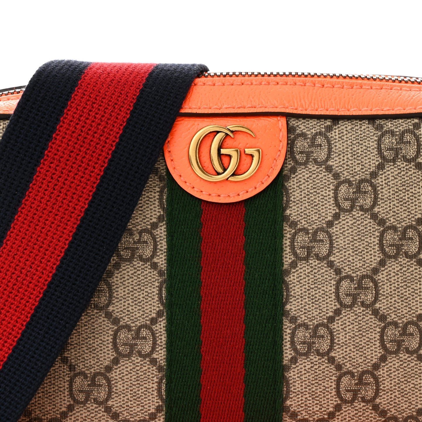 GG Supreme Monogram Textured Dollar Calfskin Web Ophidia Wristlet Shoulder Bag Beige Ebony Orange