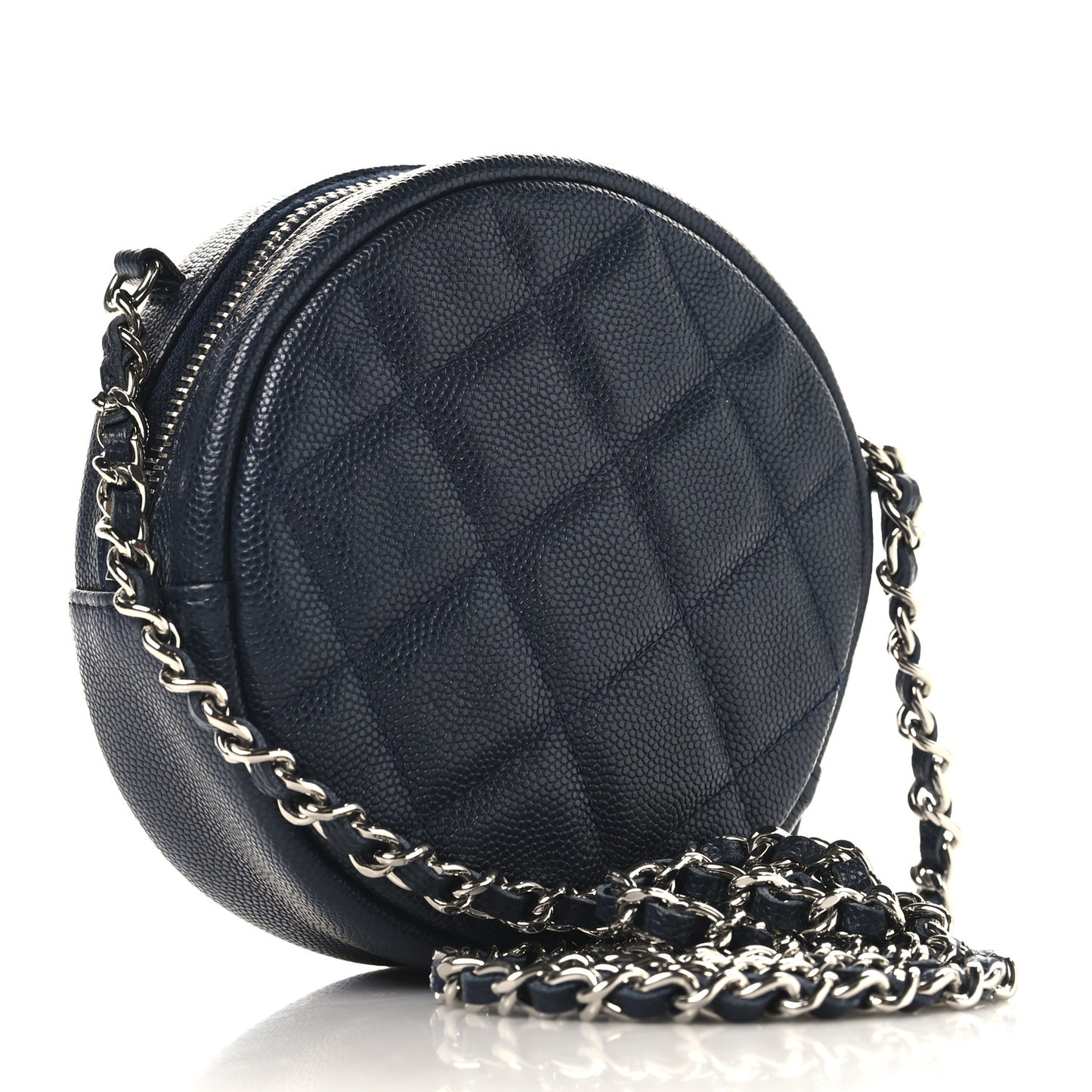 Caviar Quilted Round Clutch With Chain Navy