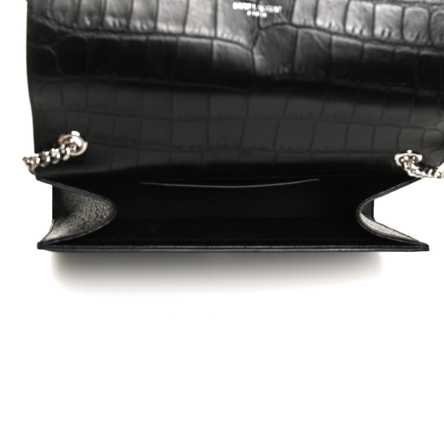 Calfskin Crocodile Embossed Medium Classic Monogram Kate Tassel Satchel Black