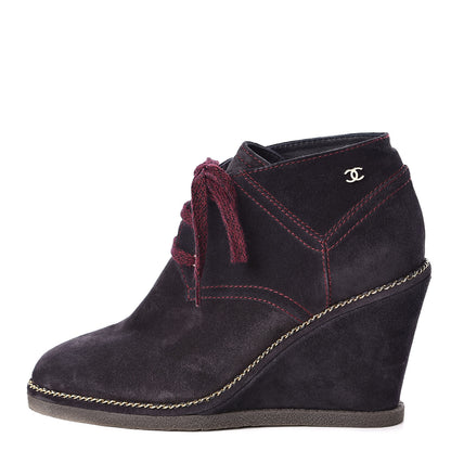 Chanel Suede Lace Up Wedge Booties 39 Navy 1 of 8