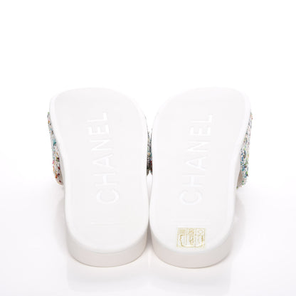 Chanel Tweed Grosgrain Camellia Mule Sandal 35 Ecru Green Ivory 5 of 10