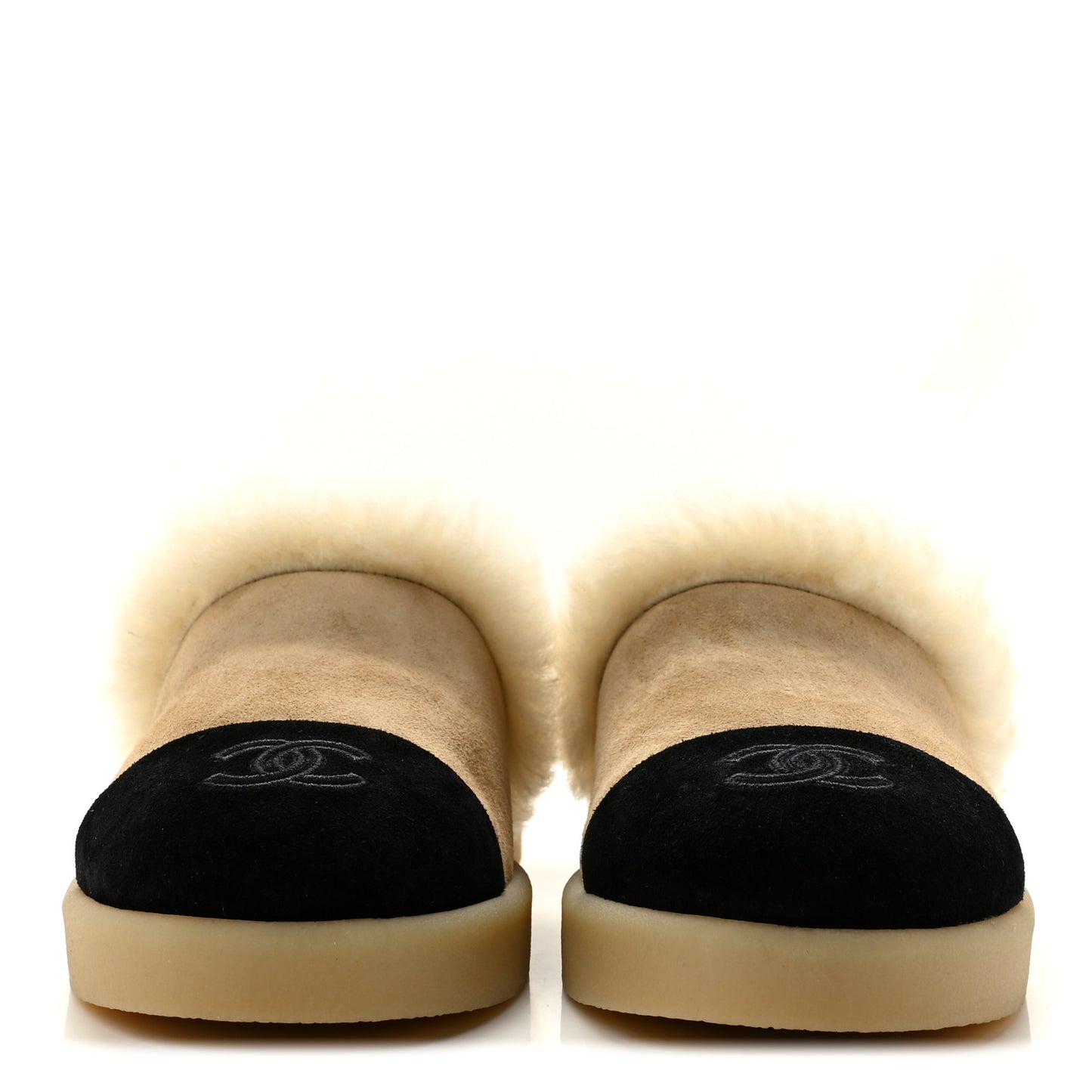Suede Shearling CC Cap Toe Mules 40 Beige Black