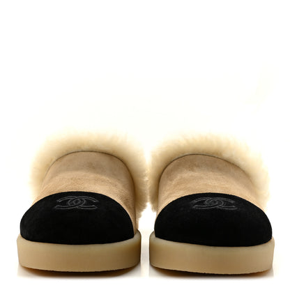 Chanel Suede Shearling CC Cap Toe Mules 40 Beige Black 3 of 10