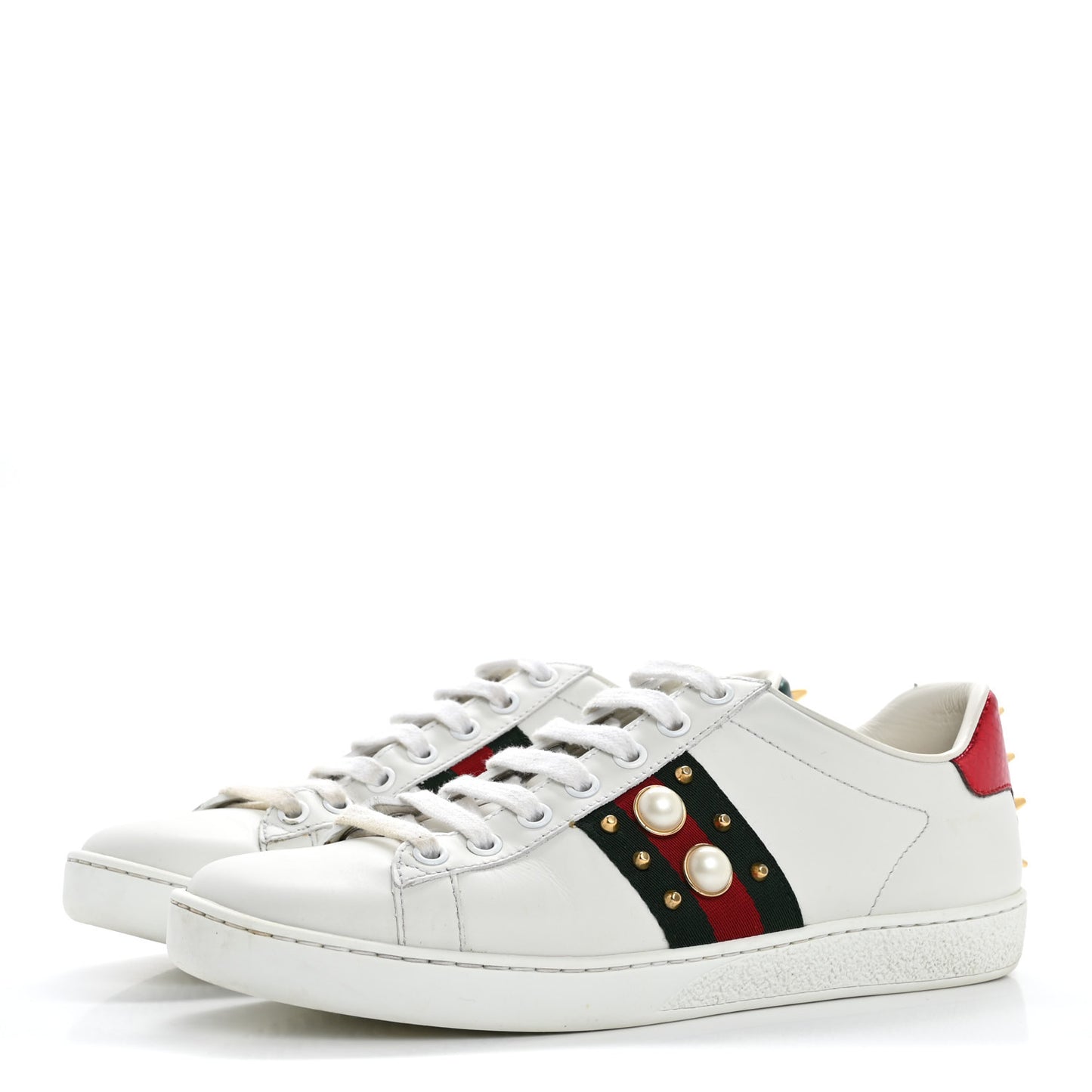 Calfskin Web Pearl Studded Womens Ace Sneakers 37 White