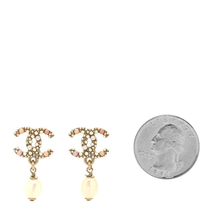 Chanel Pearl Crystal CC Charm Drop Earrings Light Gold Pink 2 of 5