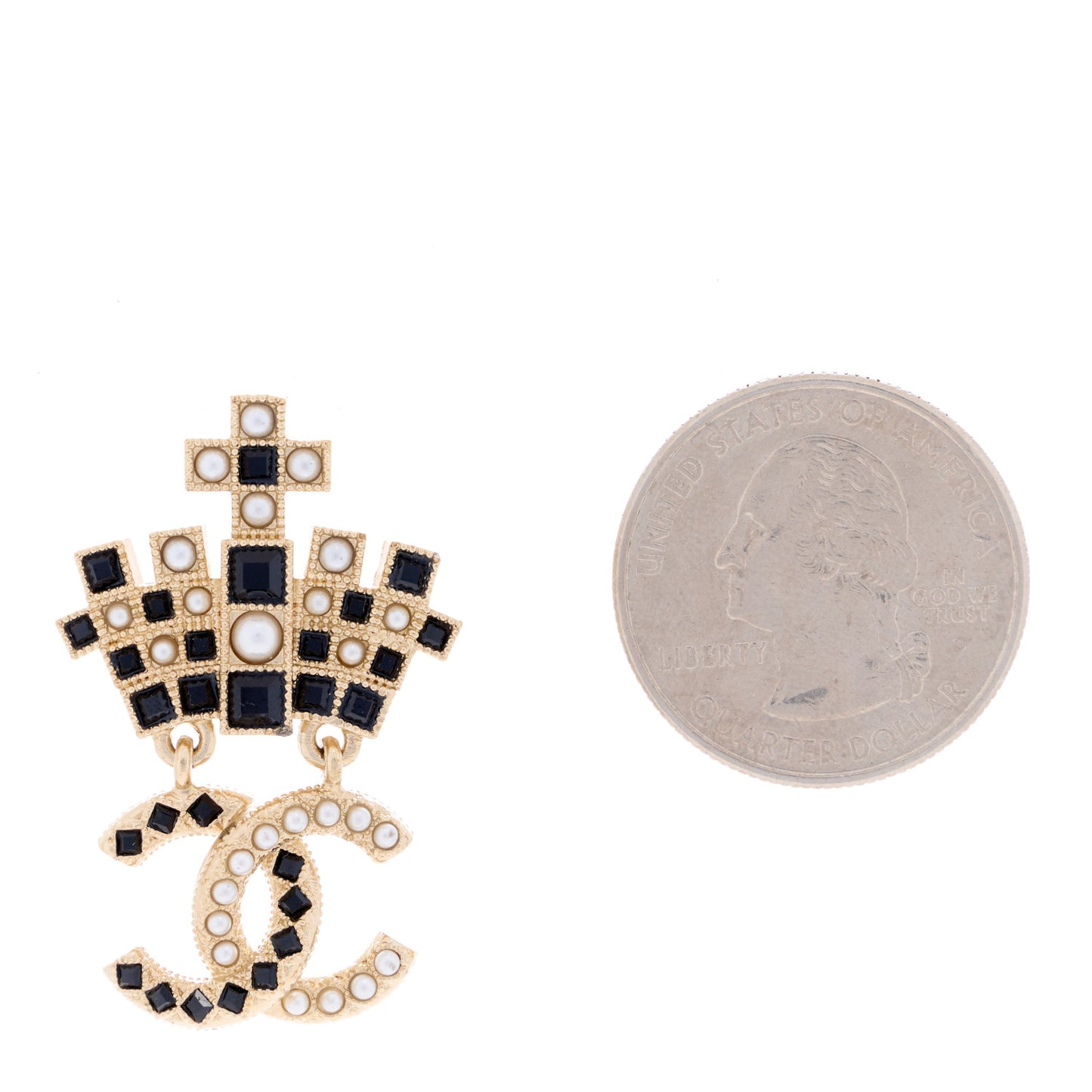 Resin Crystal Pearl CC Crown Drop Brooch Gold Black