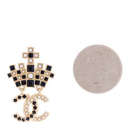 Chanel Resin Crystal Pearl CC Crown Drop Brooch Gold Black 2 of 4