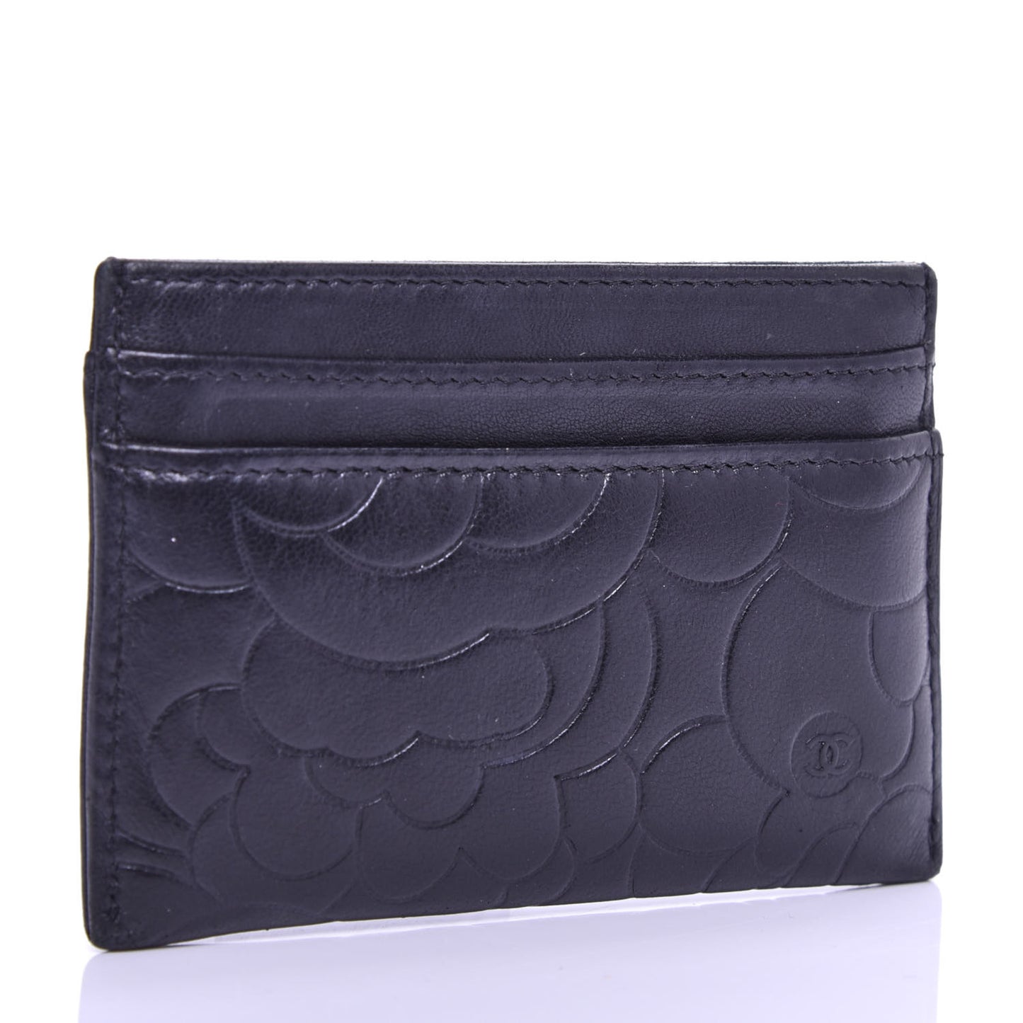 Lambskin Camellia Embossed Card Holder Black