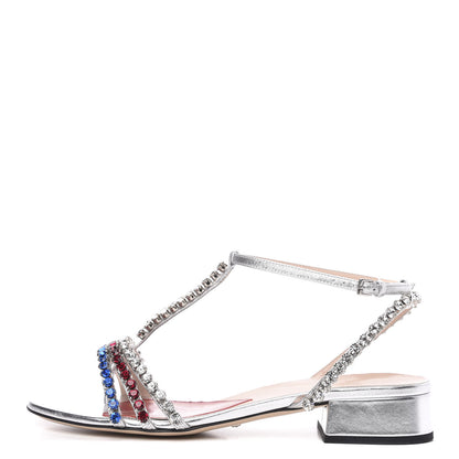 Gucci Nappa Silk Crystal Bertie T-Strap Low Heel Sandals 37 Argento 1 of 8