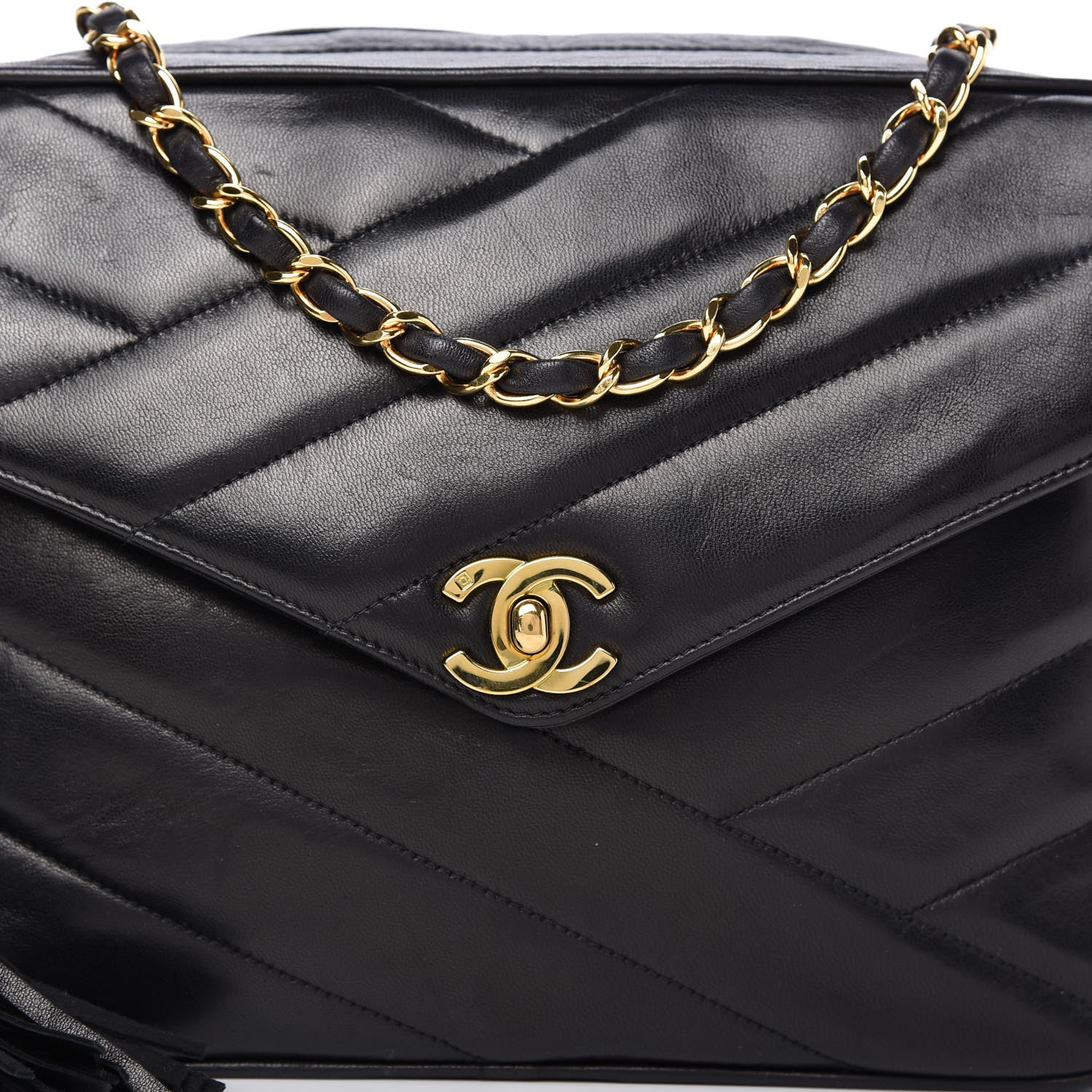 Chanel Lambskin Chevron Quilted Tassel Camera Case Black 11 of 12