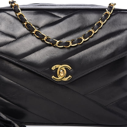 Chanel Lambskin Chevron Quilted Tassel Camera Case Black 11 of 12