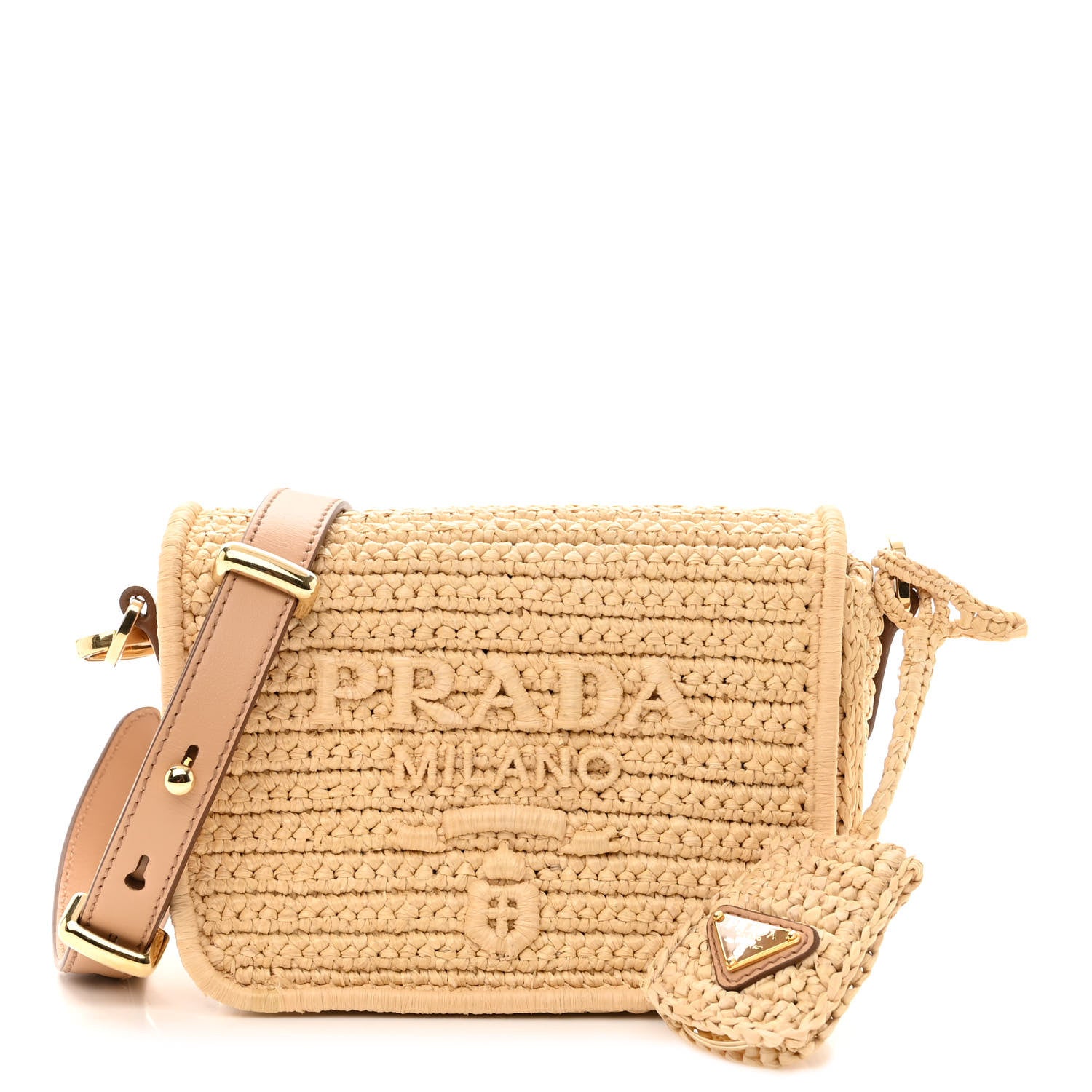 Prada Yarn Raffia Effect Crochet Logo Embroidered Flap Shoulder Bag Naturale 1 of 9