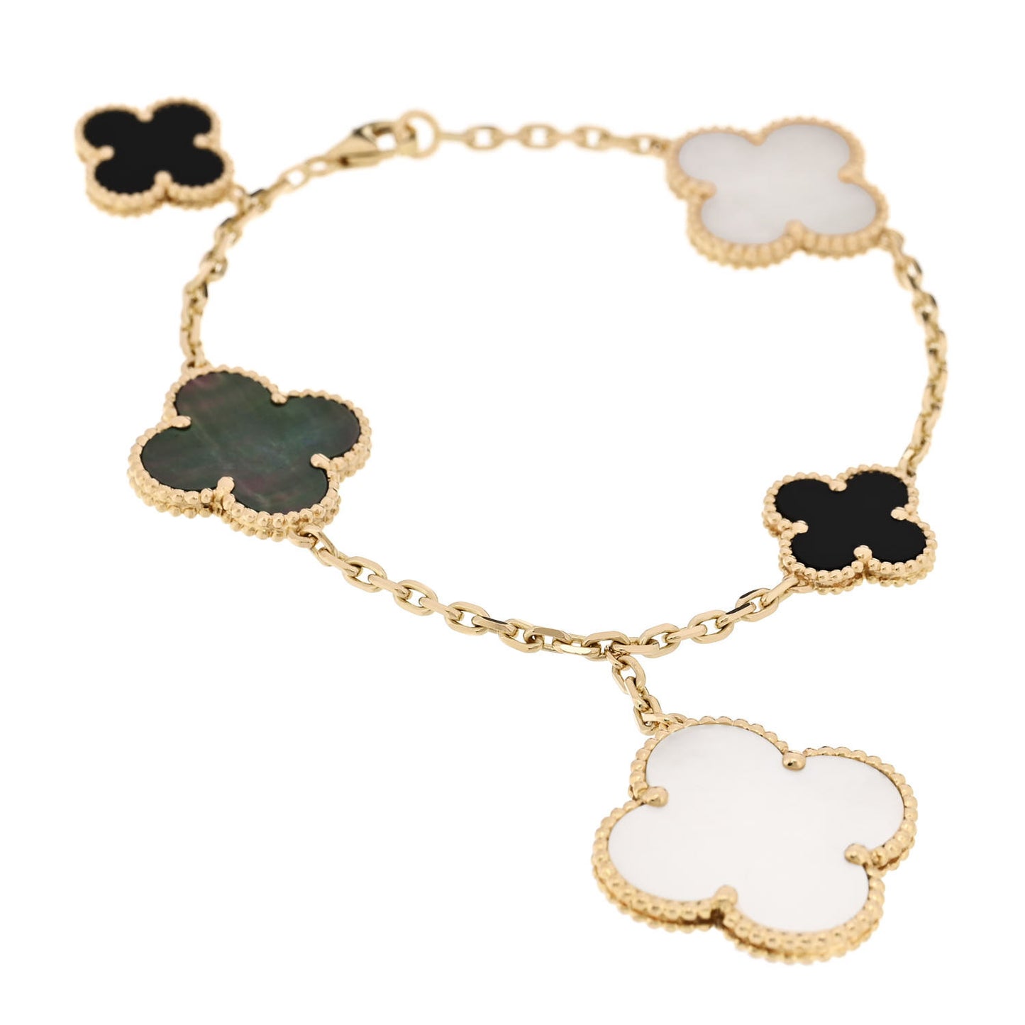18K Yellow Gold Grey Mother of Pearl Black Onyx 5 Motifs Magic Alhambra Bracelet