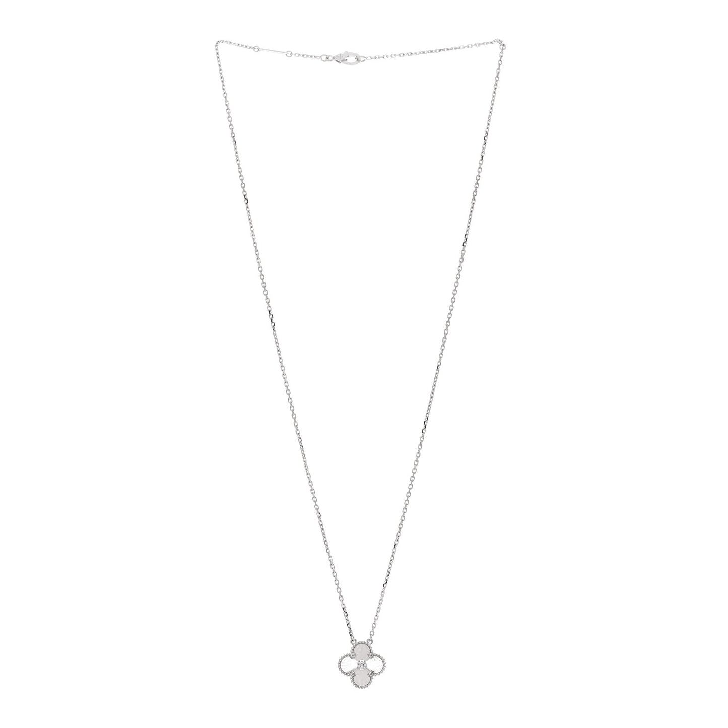 18K White Gold Diamond Guilloche Vintage Alhambra Pendant Necklace