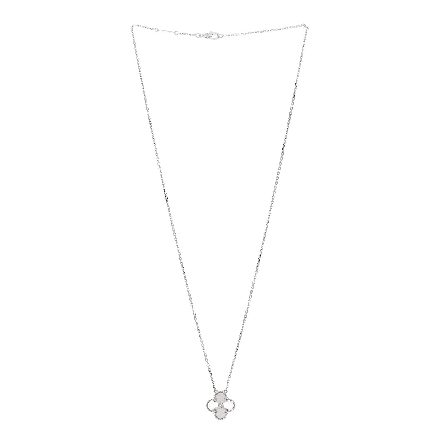 Van Cleef & Arpels 18K White Gold Diamond Guilloche Vintage Alhambra Pendant Necklace 3 of 6
