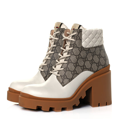 Gucci Calfskin GG Supreme Monogram Nappa Quilted Lace Up Ankle Boots 40 Mystic White Beige 2 of 9
