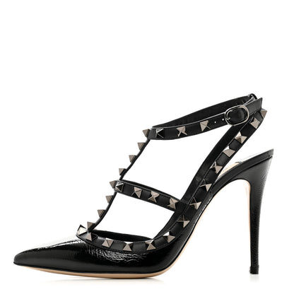 Valentino Garavani Crinkled Patent Rockstud Ankle Strap 100mm Pumps 37 Black 1 of 8