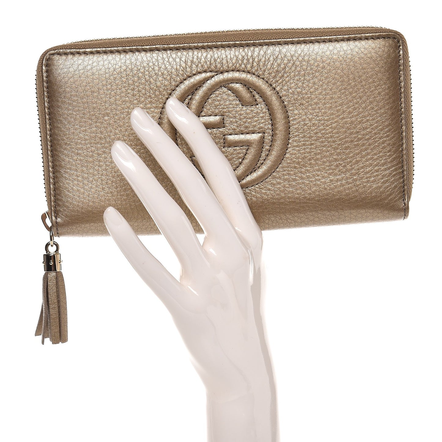 Metallic Pebbled Calfskin Soho Zip Around Wallet Golden Beige