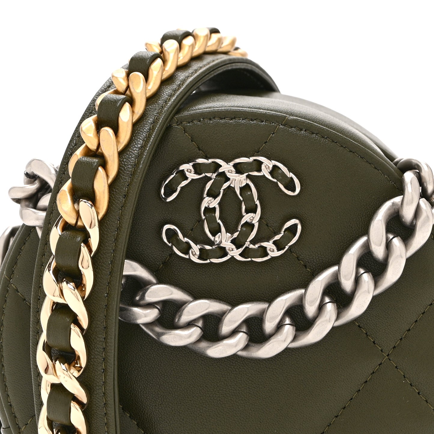 Lambskin Quilted Chanel 19 Round Clutch With Chain Green