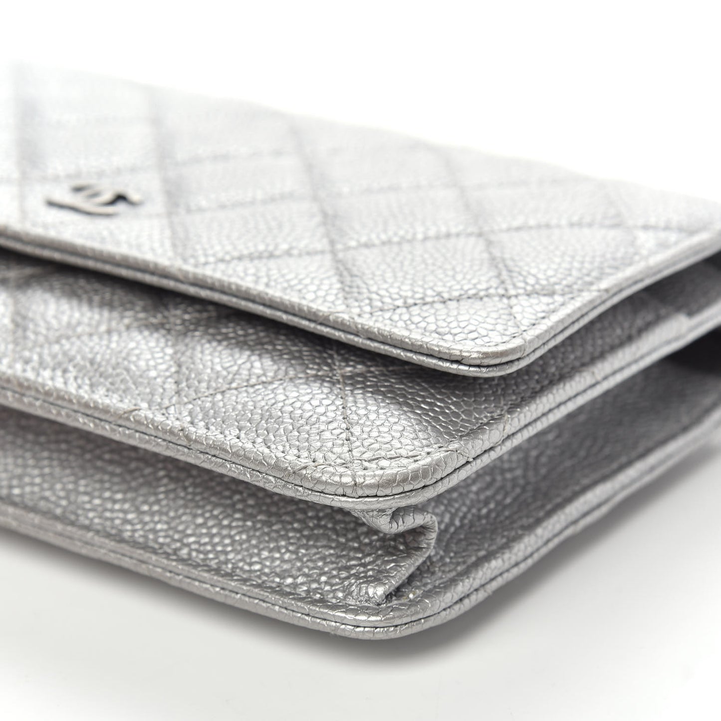 Metallic Caviar Quilted Wallet on Chain WOC Silver