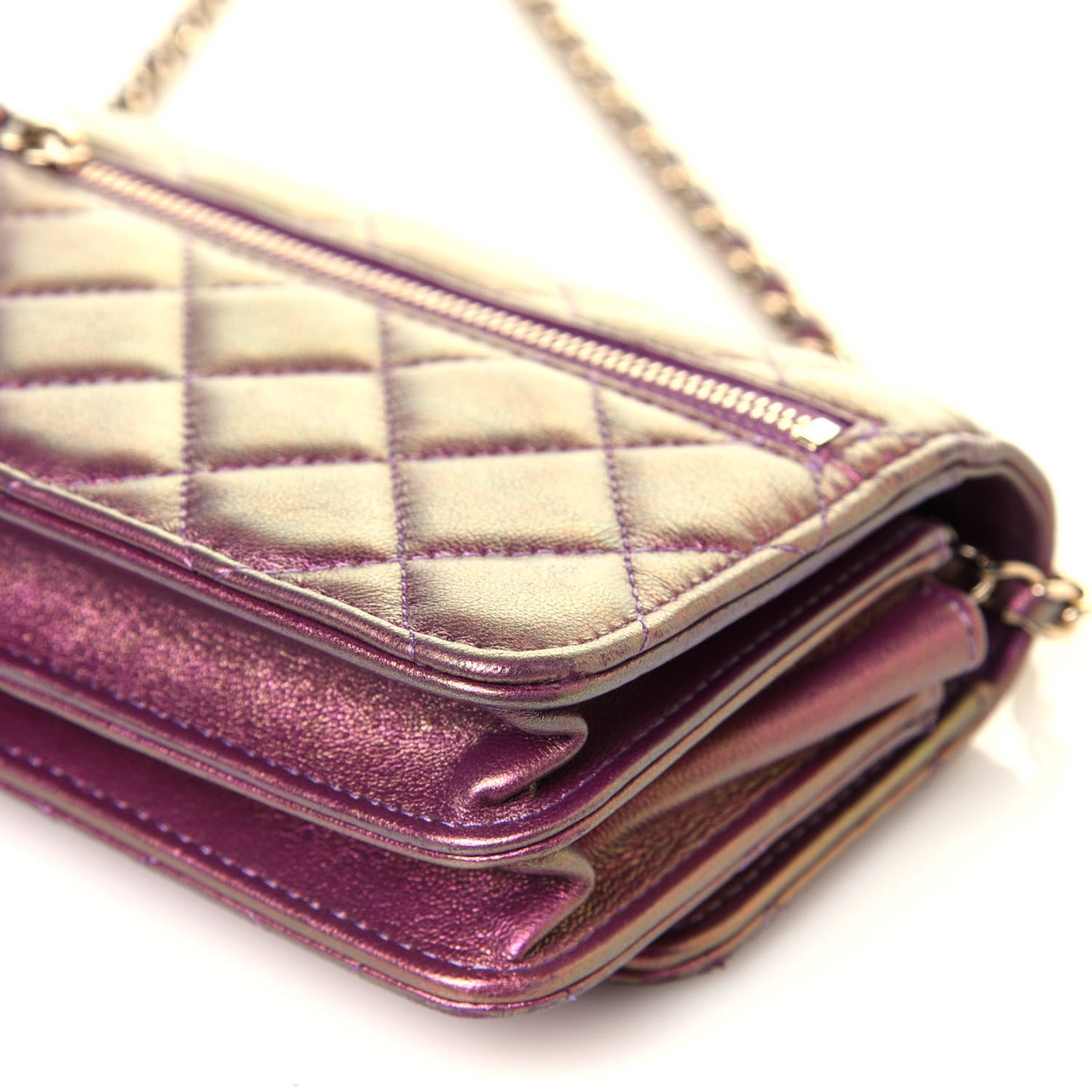Iridescent Lambskin Quilted Mini Wallet On Chain WOC Purple
