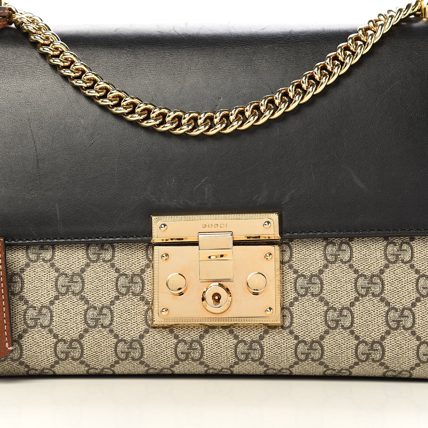 GG Supreme Monogram Calfskin Medium Padlock Shoulder Bag Beige Black Cuir