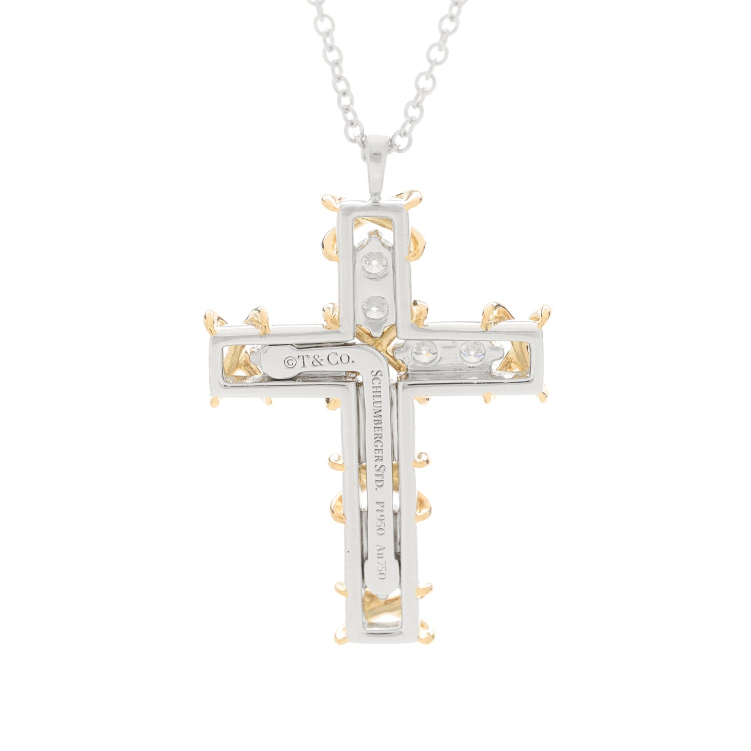 Tiffany Platinum 18K Yellow Gold Diamond Schlumberger Ten Stone Cross Pendant Necklace 5 of 5