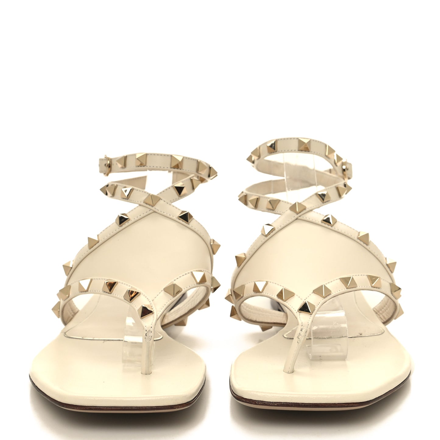 Calfskin Rockstud Ankle Wrap Flat Thong Sandals 39.5 Light Ivory