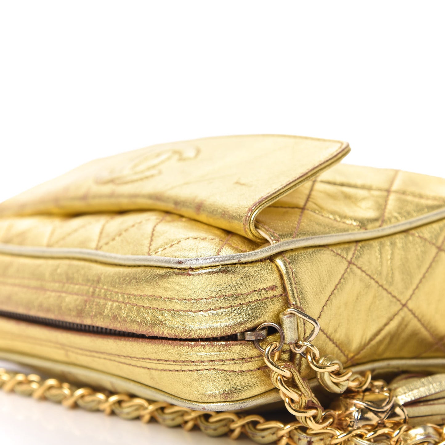 Metallic Lambskin Quilted Camera Case Gold