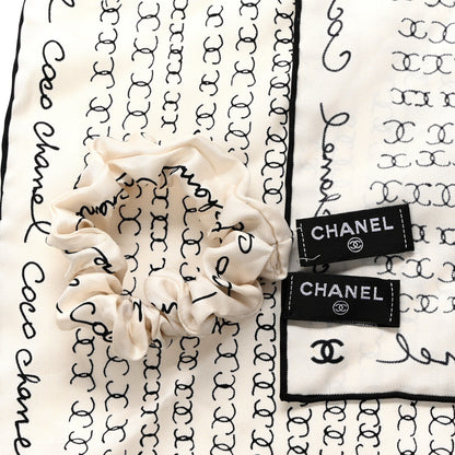 Chanel Silk Twill Square Scarf Hair Tie White Black 4 of 7