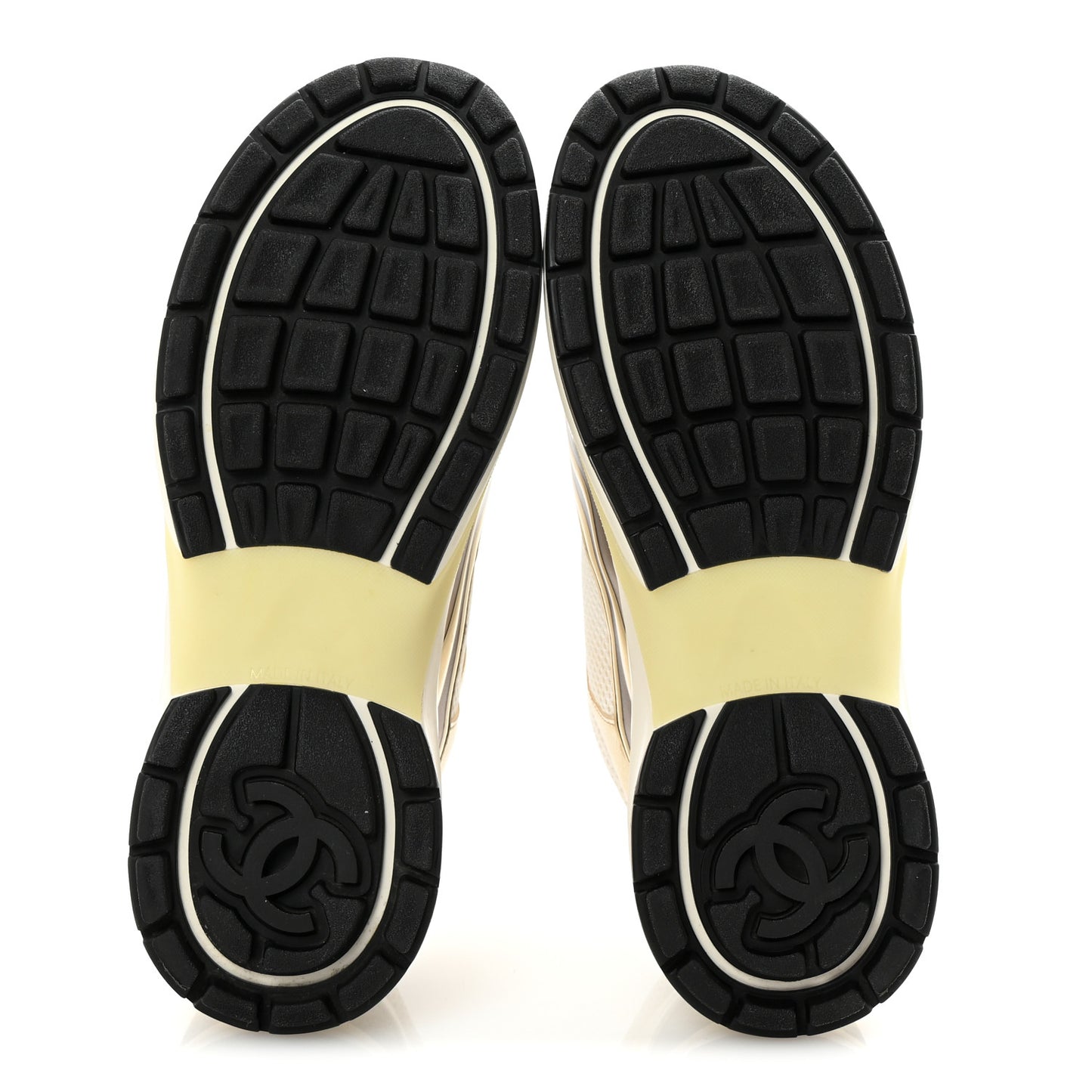 Fabric Laminated Calfskin Stretch CC Womens Sneakers 40 White Gold Silver