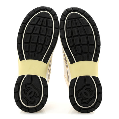 Chanel Fabric Laminated Calfskin Stretch CC Womens Sneakers 40 White Gold Silver 6 of 10