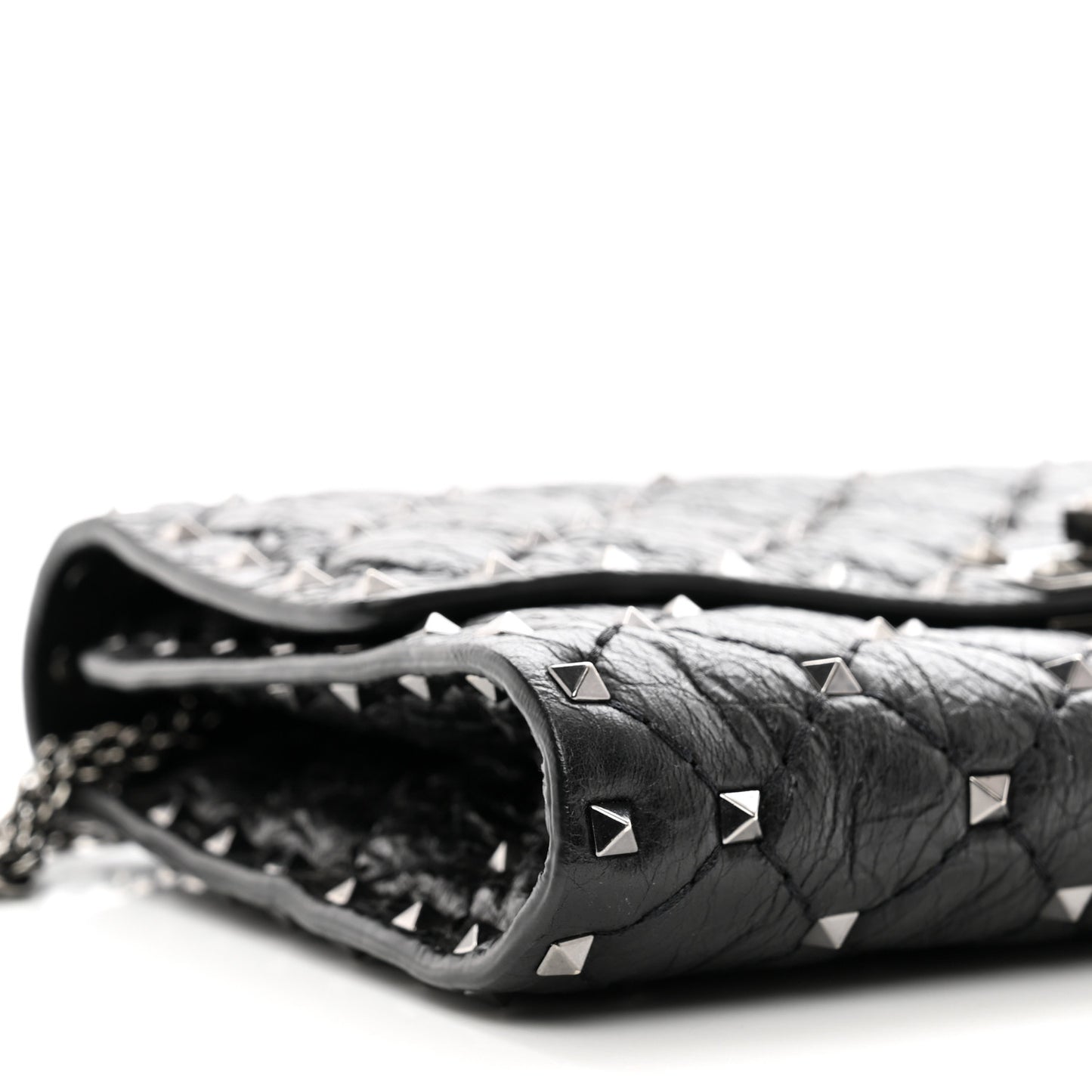 Craquele Nappa Rockstud Spike Wallet on Chain Black