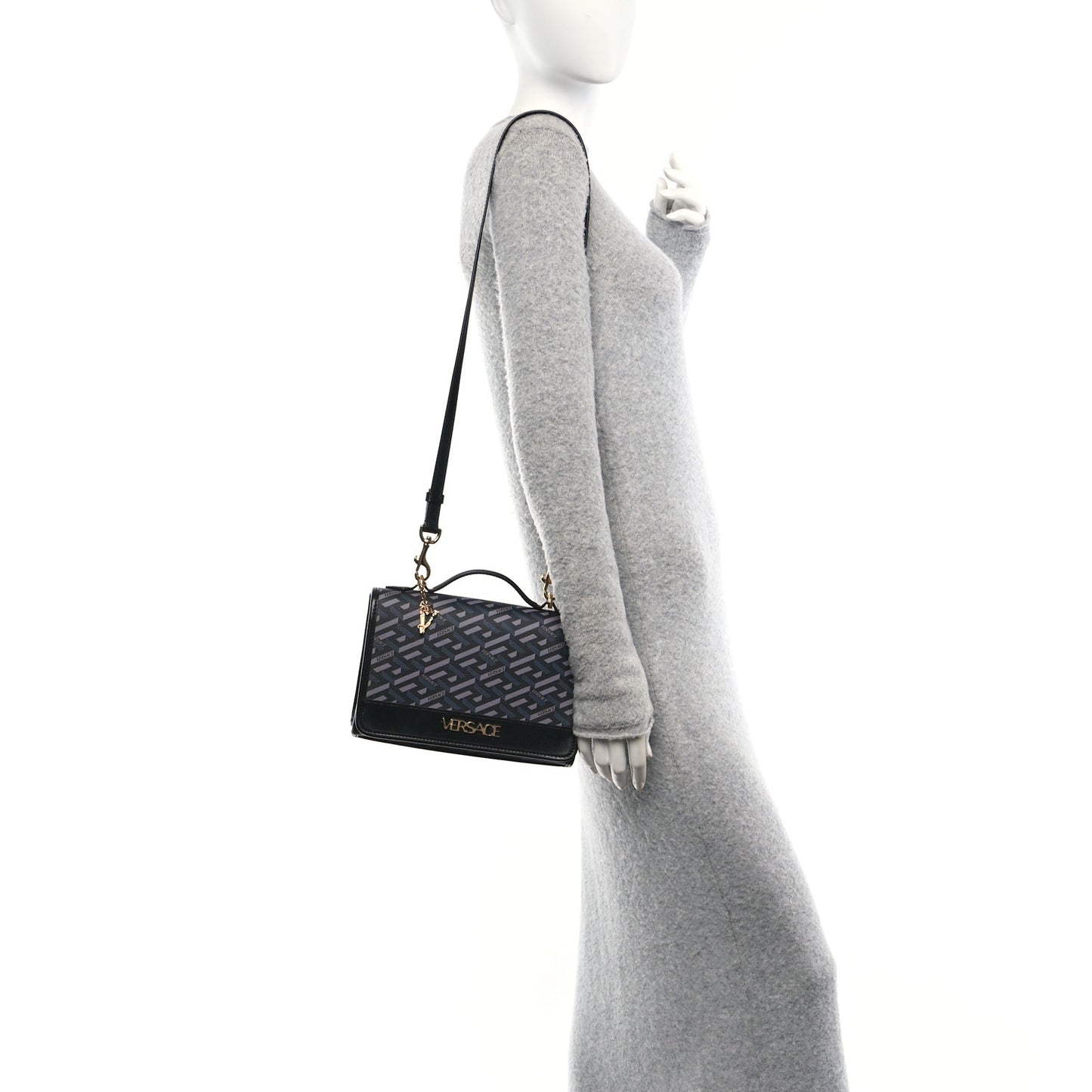 Coated Canvas La Greca Signature Top Handle Bag Black