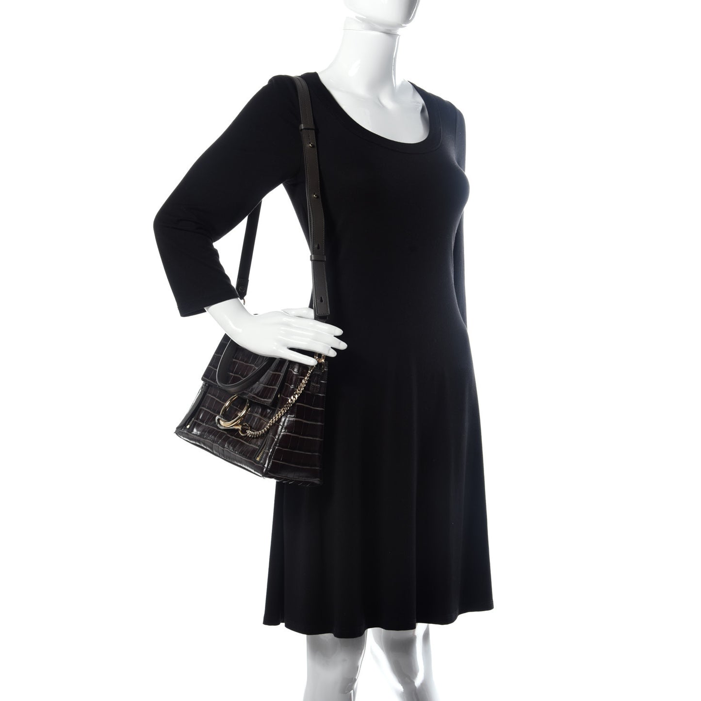 Calfskin Crocodile Embossed Small Faye Day Shoulder Bag Profound Brown