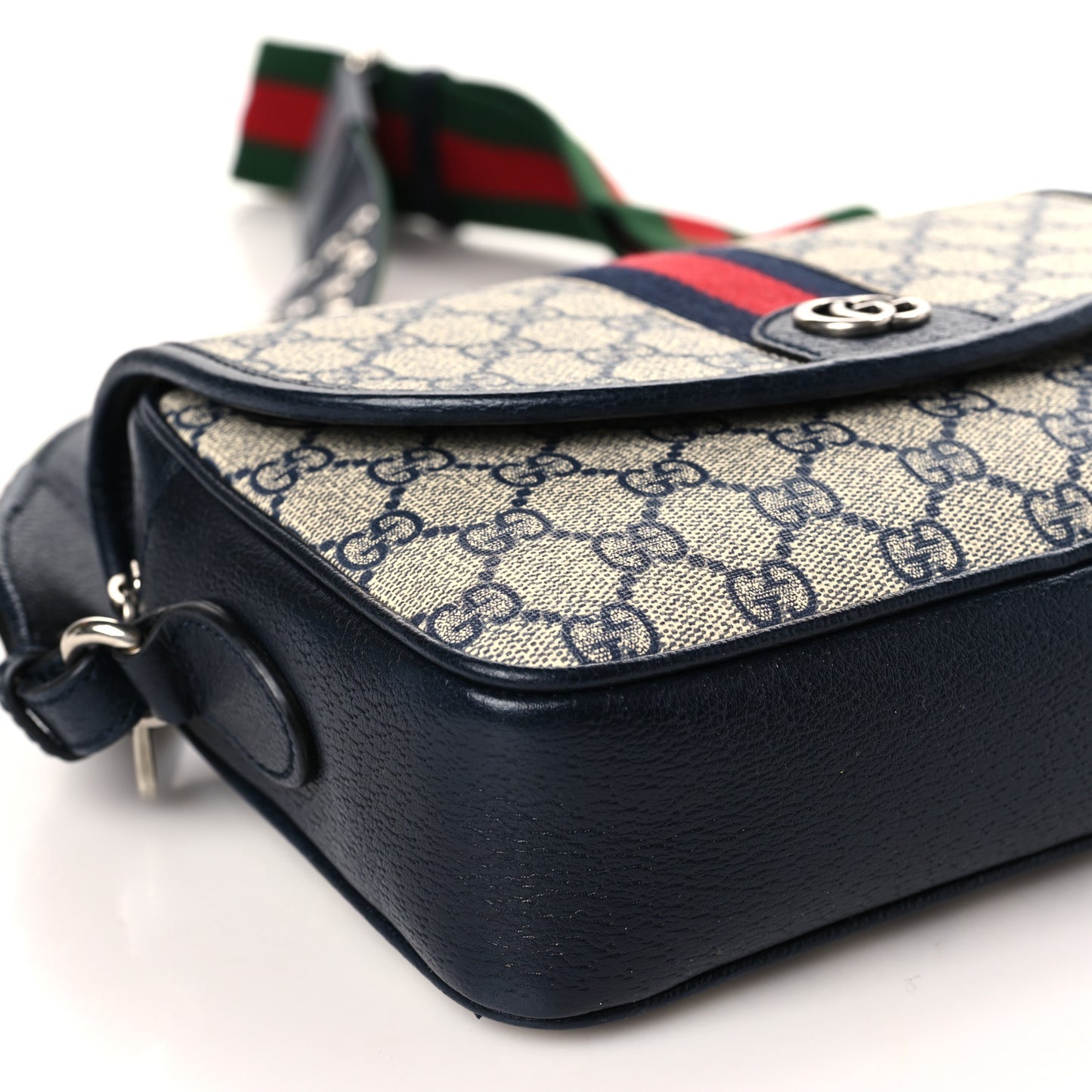 GG Supreme Monogram Textured Dollar Calfskin Web Studded Mini Ophidia Flap Shoulder Bag Beige Blue