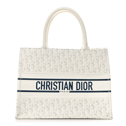Christian Dior Calfskin Perforated Oblique Medium Book Tote White Blue 1 of 10