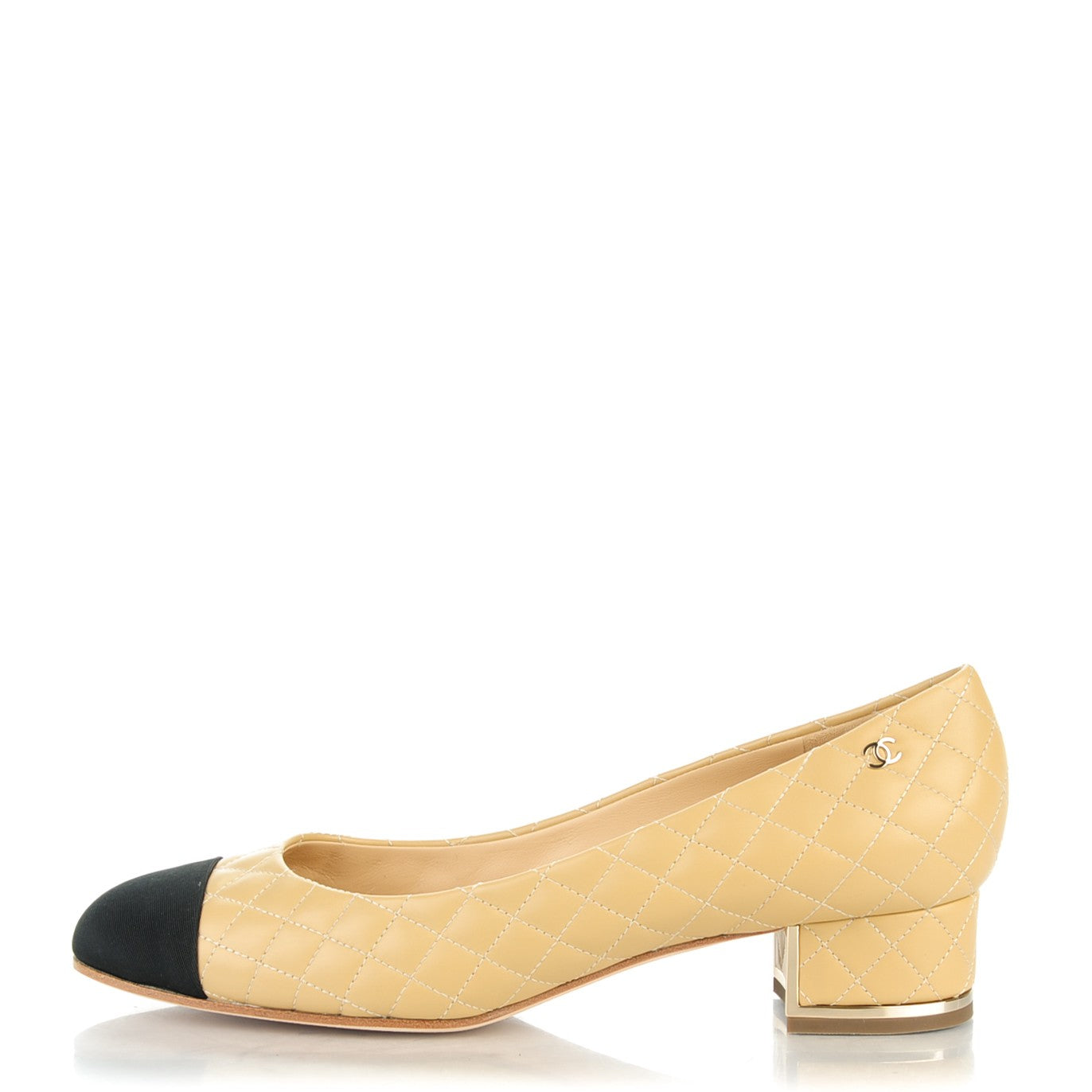 Chanel Lambskin Grosgrain Quilted CC Cap Toe Low Heel Pumps 41 Beige Black 1 of 9