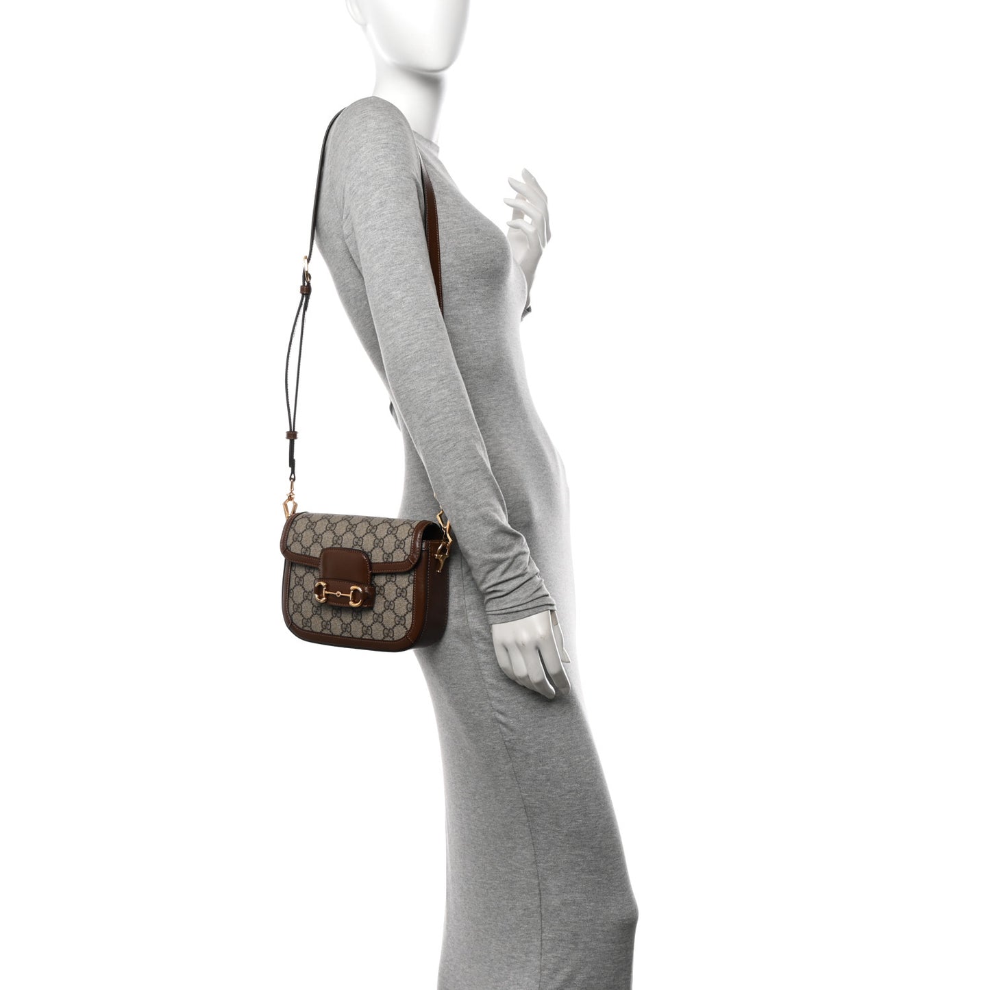 GG Supreme Monogram Azalea Calfskin Web Mini Horsebit 1955 Shoulder Bag Beige Ebony Brown Sugar