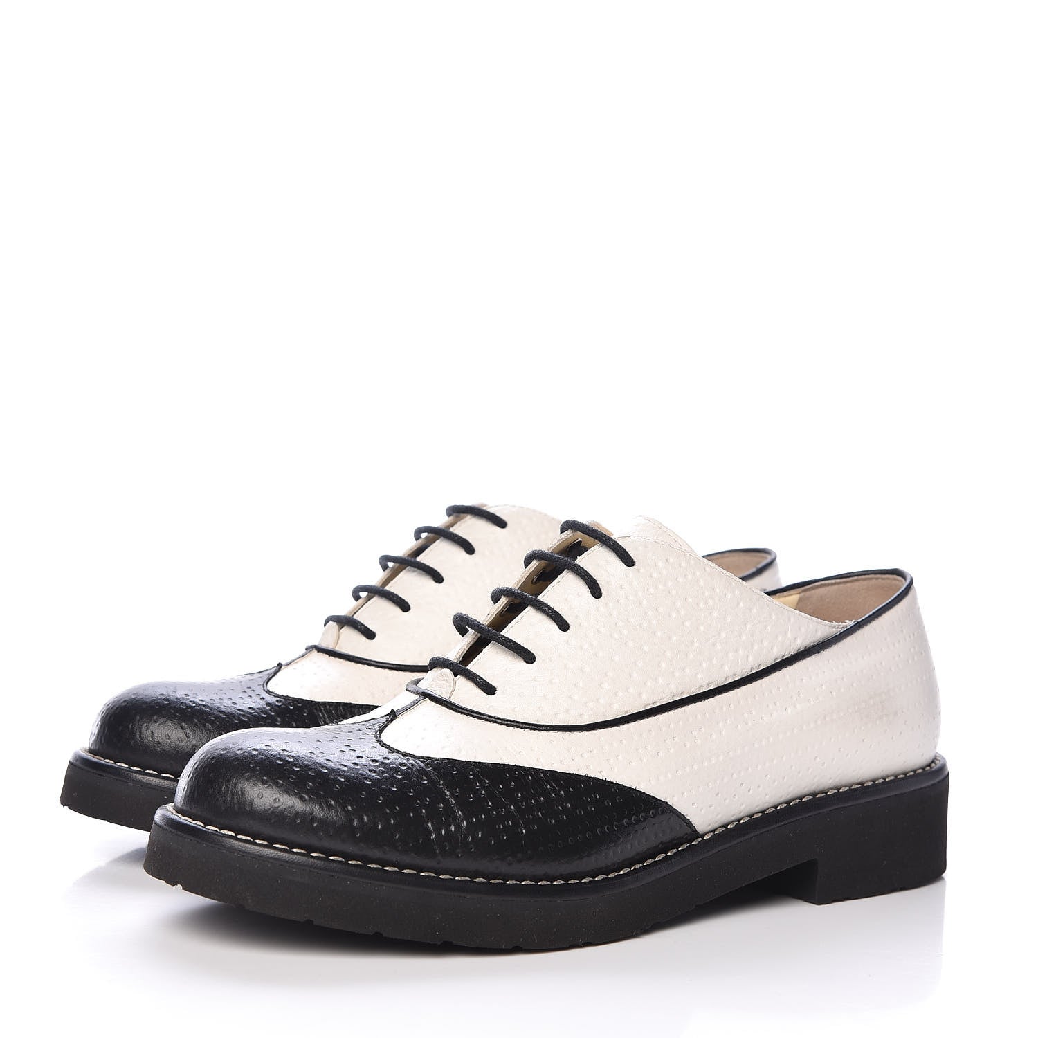 Chanel Calfskin Embossed Lace Up Oxfords 36.5 White Black 3 of 9