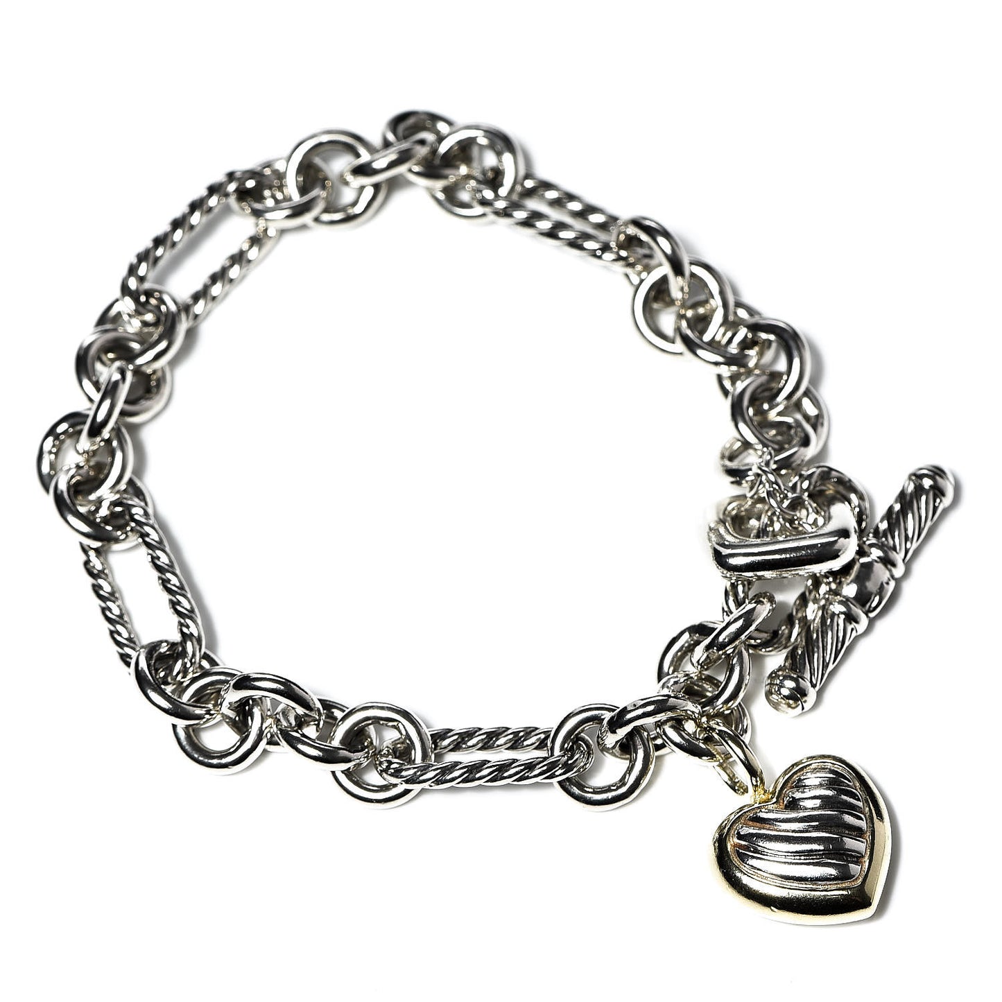 Sterling Silver 18K Yellow Gold Cable Heart Charm Bracelet