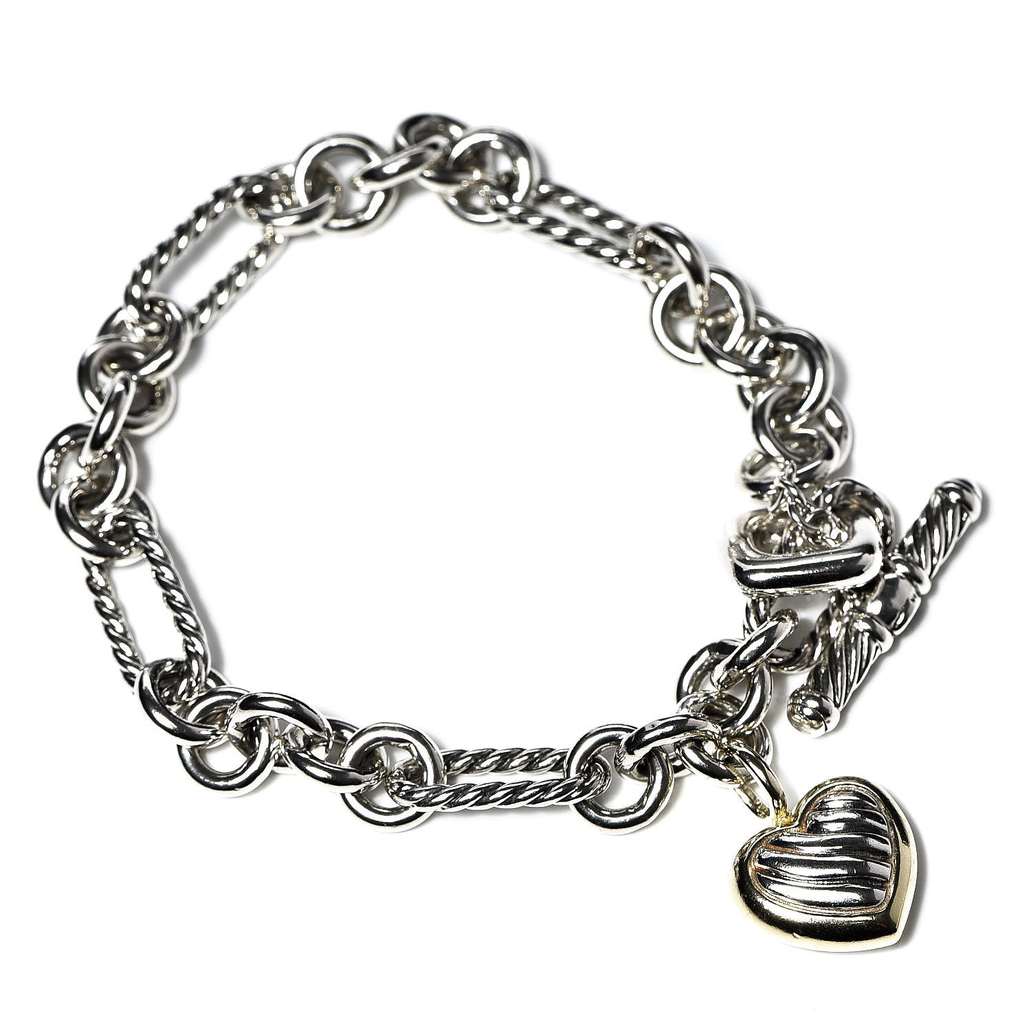 David Yurman Sterling Silver 18K Yellow Gold Cable Heart Charm Bracelet 1 of 5