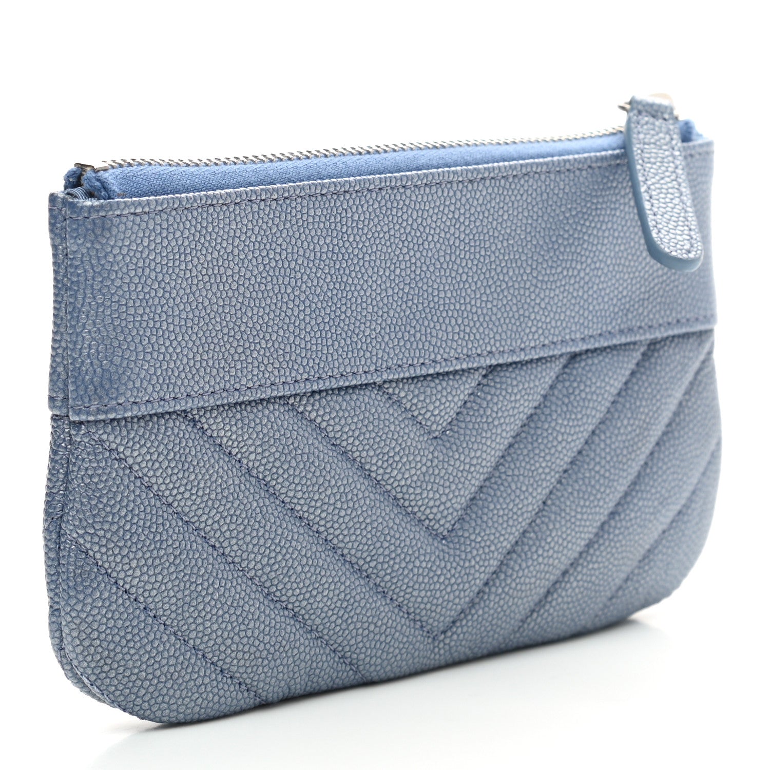 Chanel Metallic Caviar Chevron Quilted Small Vintage Mademoiselle Cosmetic Case Blue 3 of 7